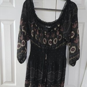 Zara Black Smocked Blouse with Tie Front and 3/4 Sleeves